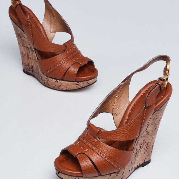 Chloe Brown Pebbled Leather Elah Platform Cork Wedges Size 5.5/36 - Picture 1 of 5